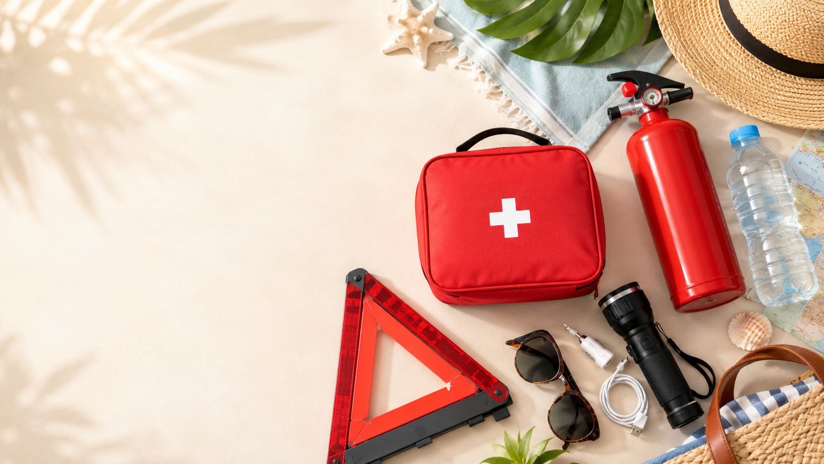 Kit viaggio e villeggiatura con valigetta di primo soccorso ed estintore da auto